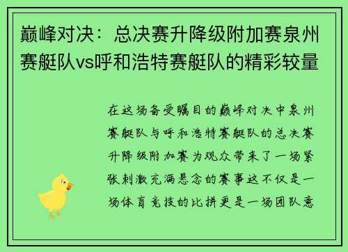 巅峰对决：总决赛升降级附加赛泉州赛艇队vs呼和浩特赛艇队的精彩较量