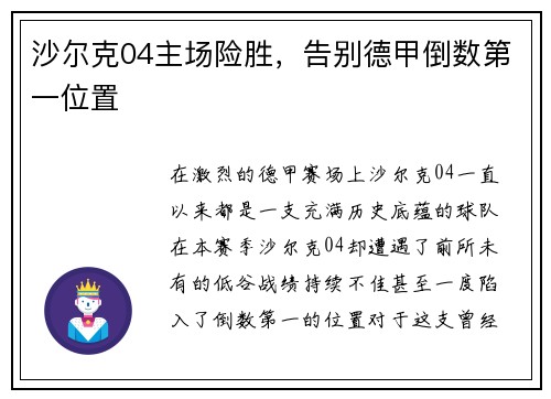 沙尔克04主场险胜，告别德甲倒数第一位置